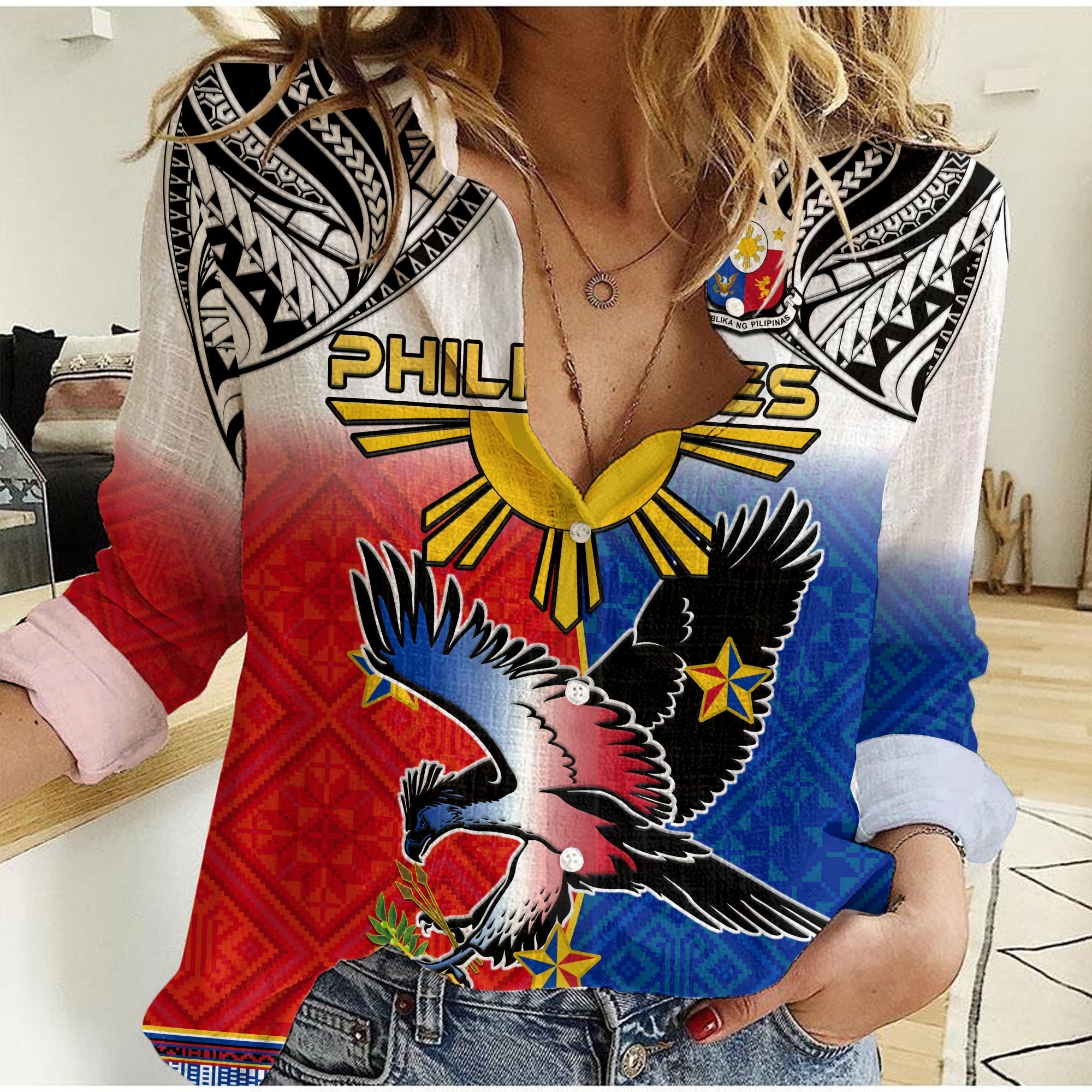 Custom Personalised Philippines Women Casual Shirt Polynesian Filipino Pattern With Eagle - Wonder Print Shop