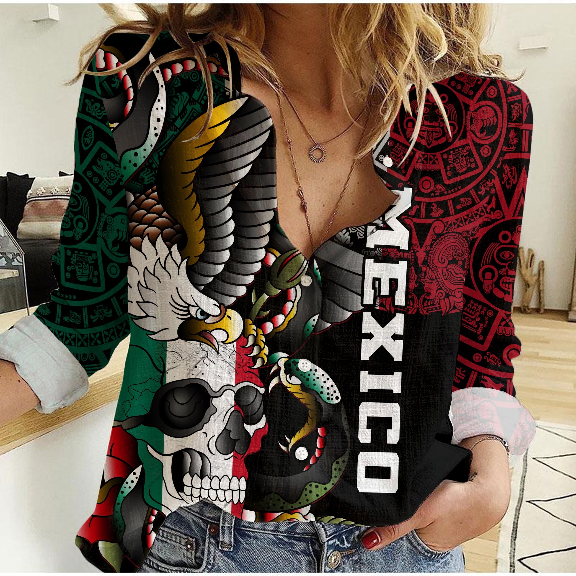 mexico-women-casual-shirt-mexican-skull-eagle-with-angry-snake