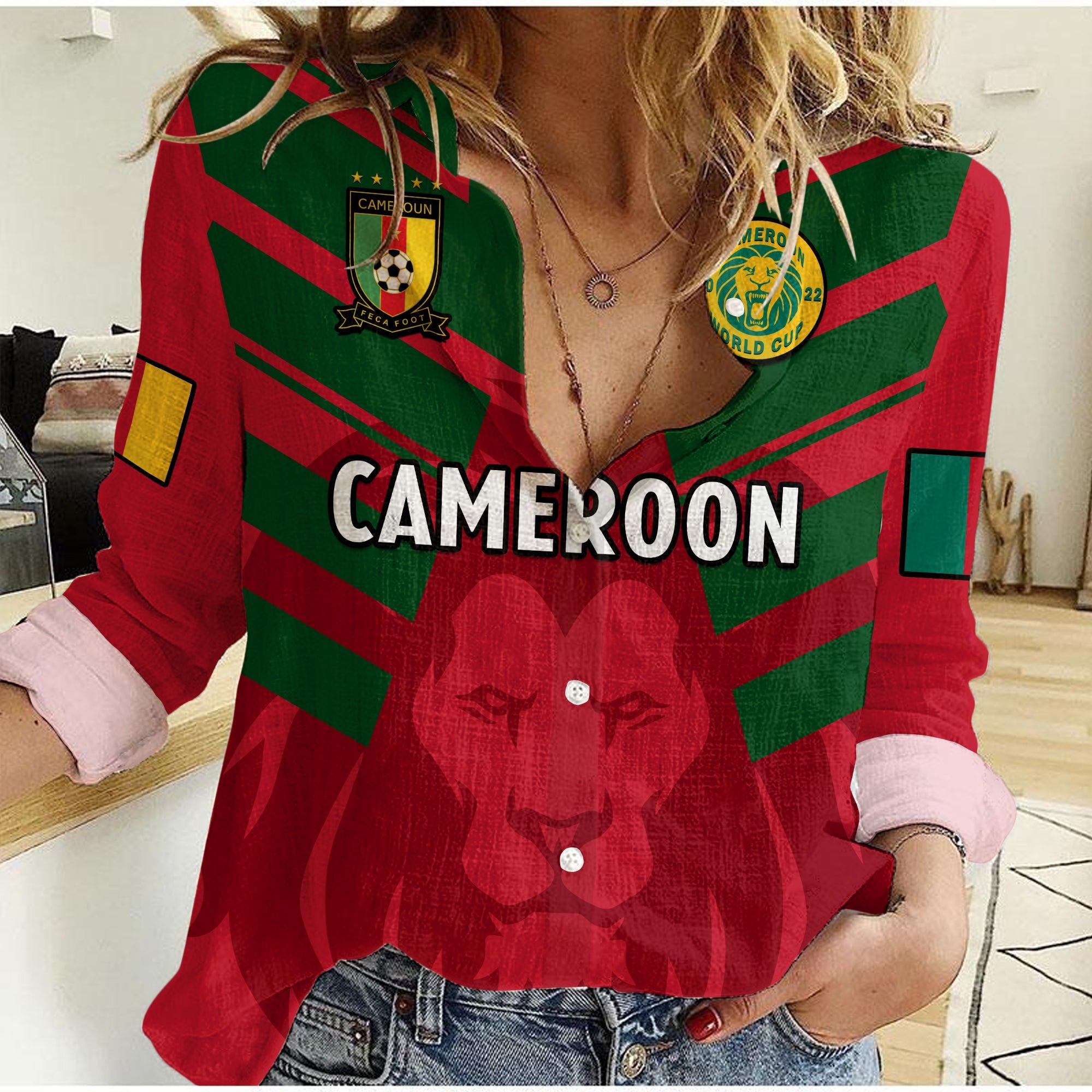 custom-text-and-number-cameroon-football-women-casual-shirt-les-lions-indomptables-red-world-cup-2022