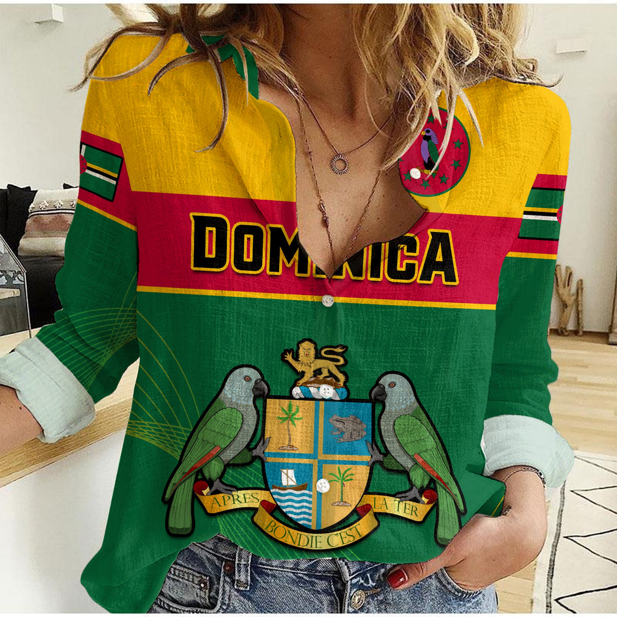 Women’s casual shirt in green with colorful crest and “DOMINICA” front print