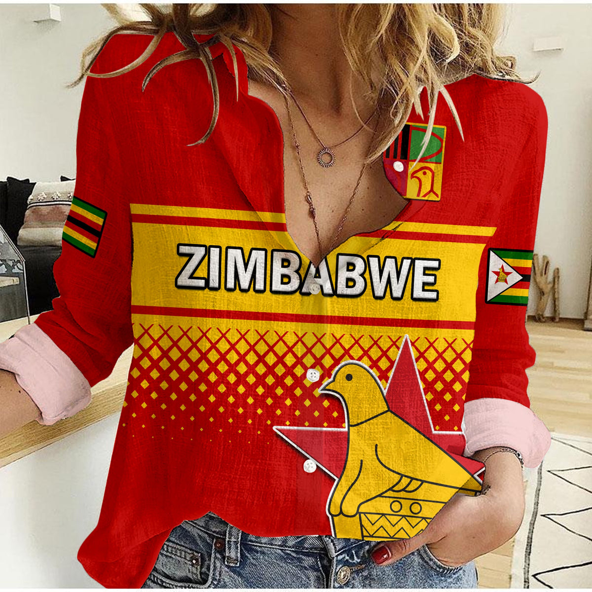Women’s red long-sleeve V-neck casual shirt with Zimbabwe front print and bird graphic.
