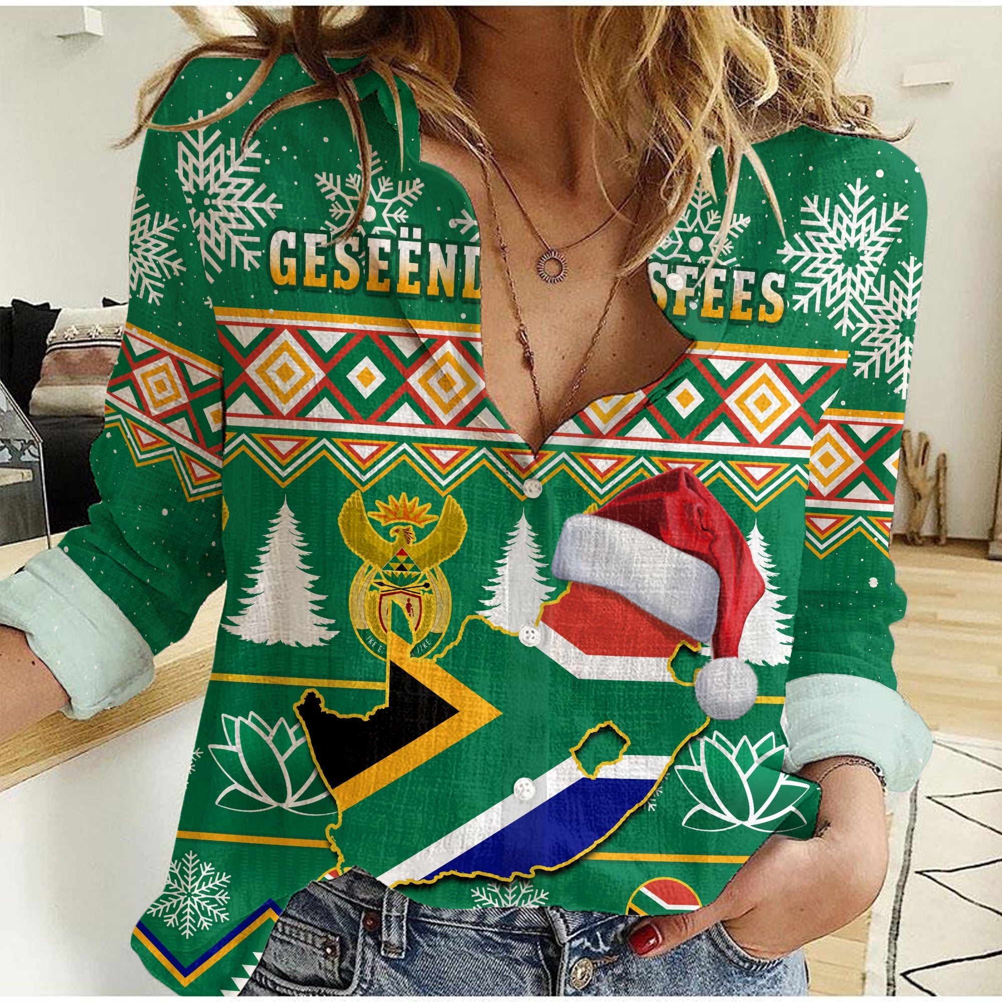 south-africa-christmas-women-casual-shirt-king-protea-geseende-kersfees