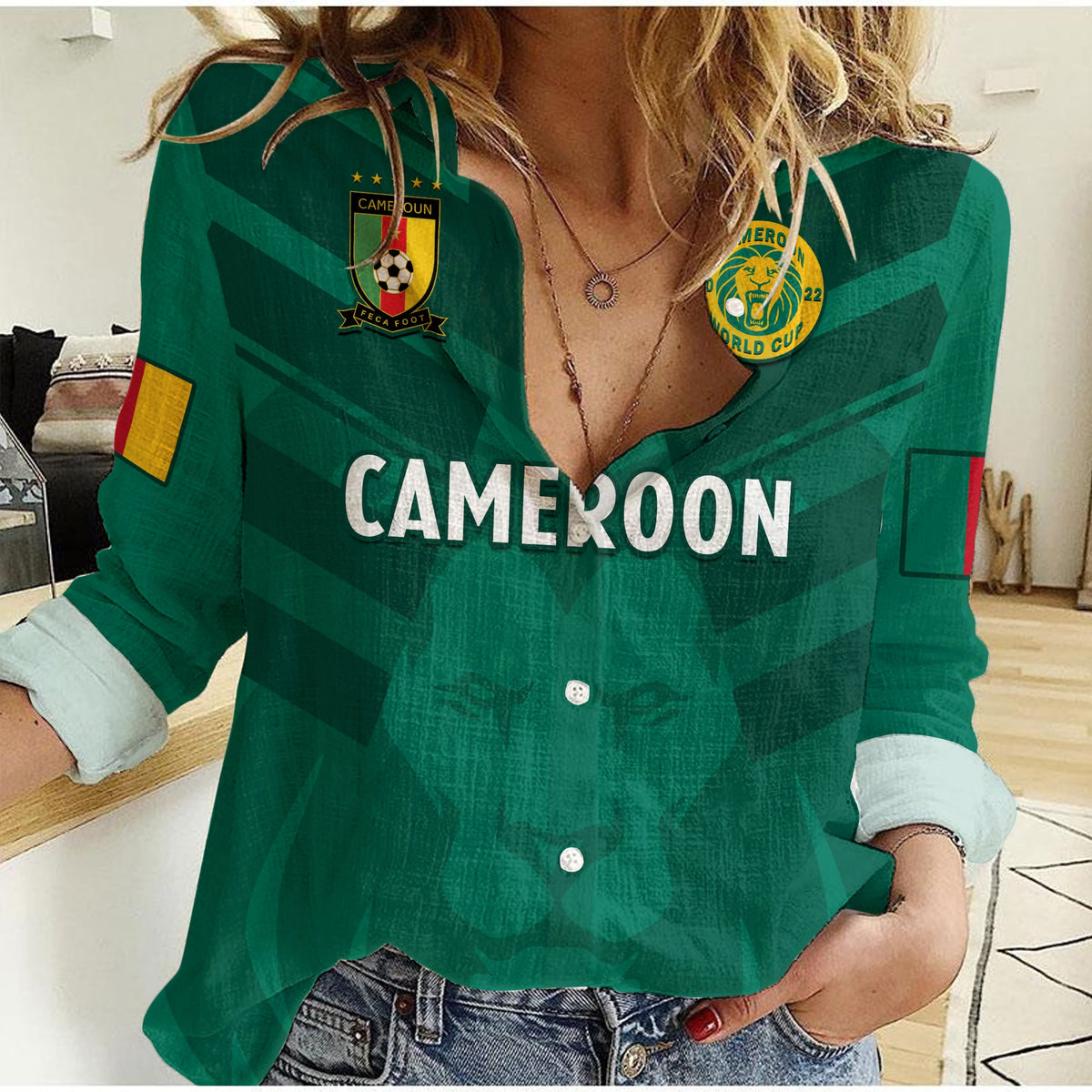 Green women’s football casual shirt with CAMEROON front print, button placket