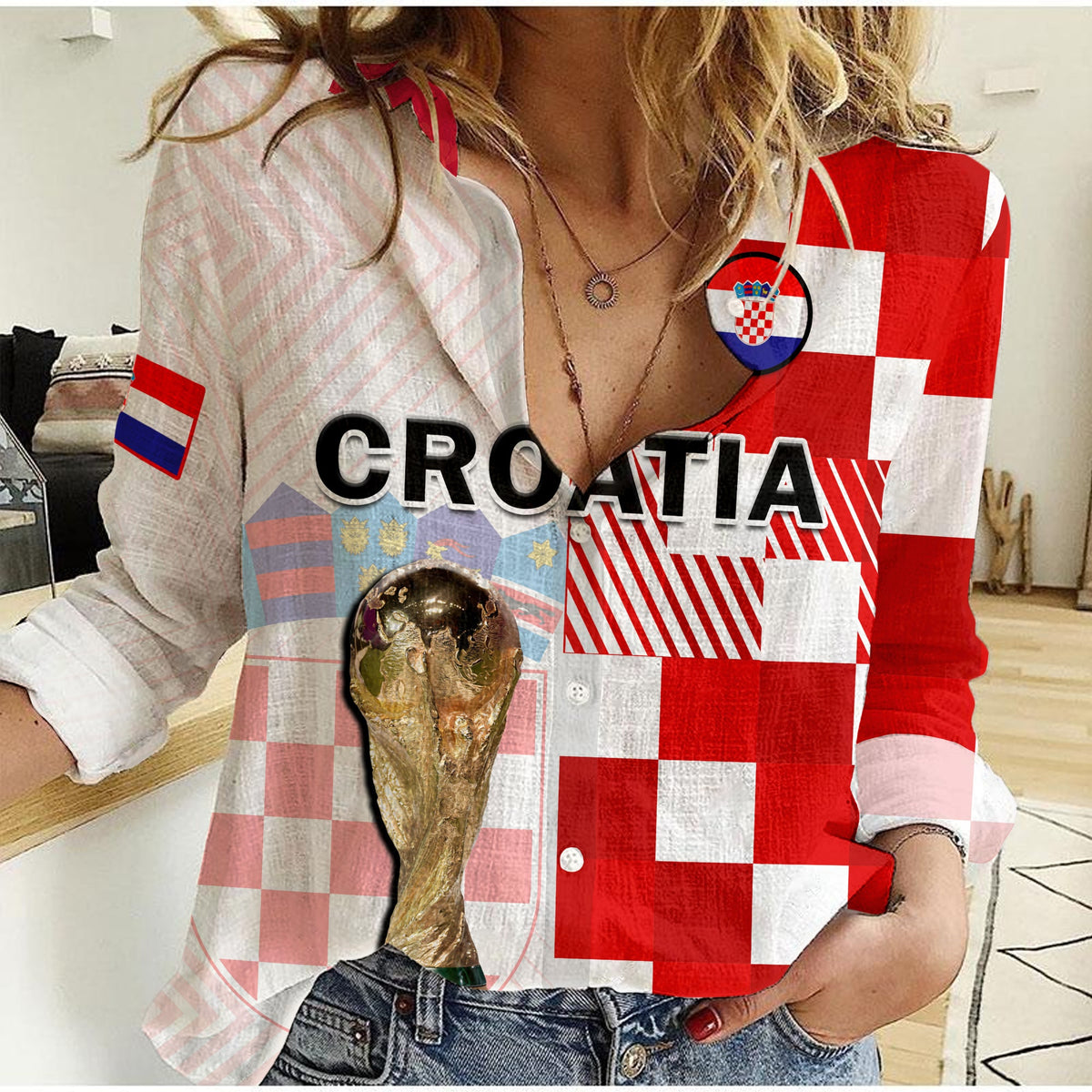 Red and white checkered women’s casual shirt with Croatia crest and graphics