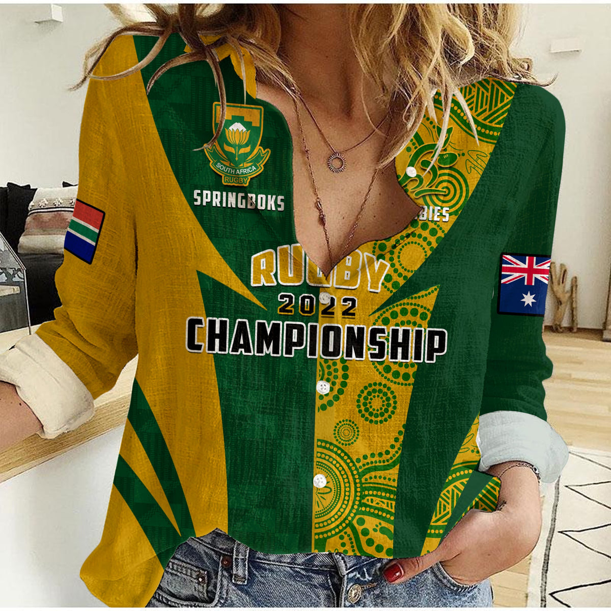 Women’s casual rugby shirt, green with yellow graphic and crest patch, buttons