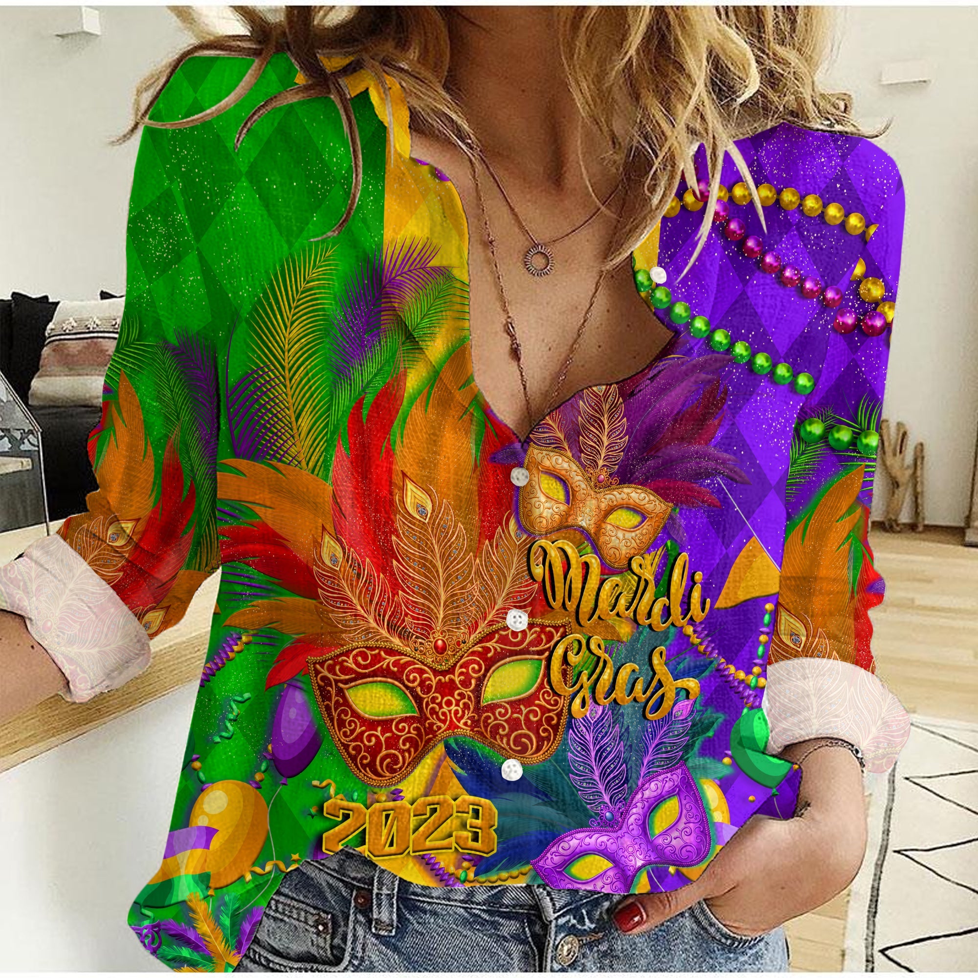 (Custom Personalised) Mardi Gras 2023 Women Casual Shirt Carnival Masks With Feathers - Wonder Print Shop