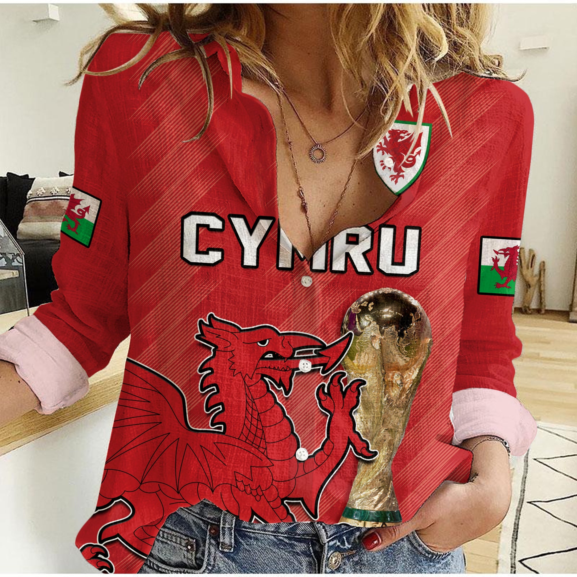 custom-text-and-number-wales-football-women-casual-shirt-cymru-champions-world-cup-2022