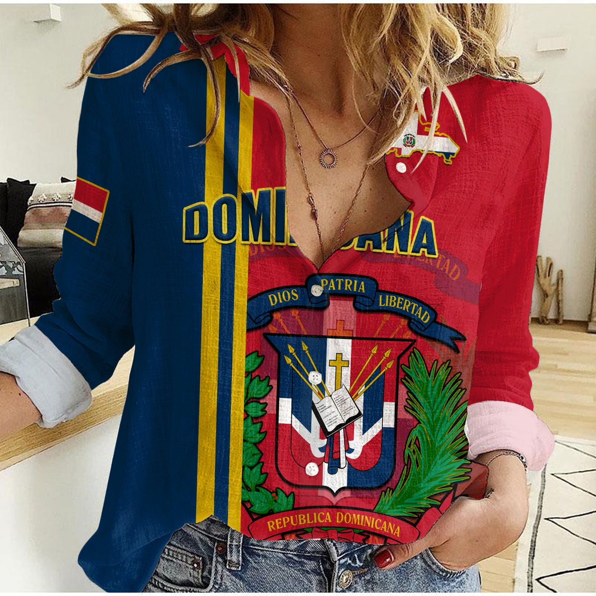 Women’s casual shirt in red with Dominican crest and flag graphic, V-neck style