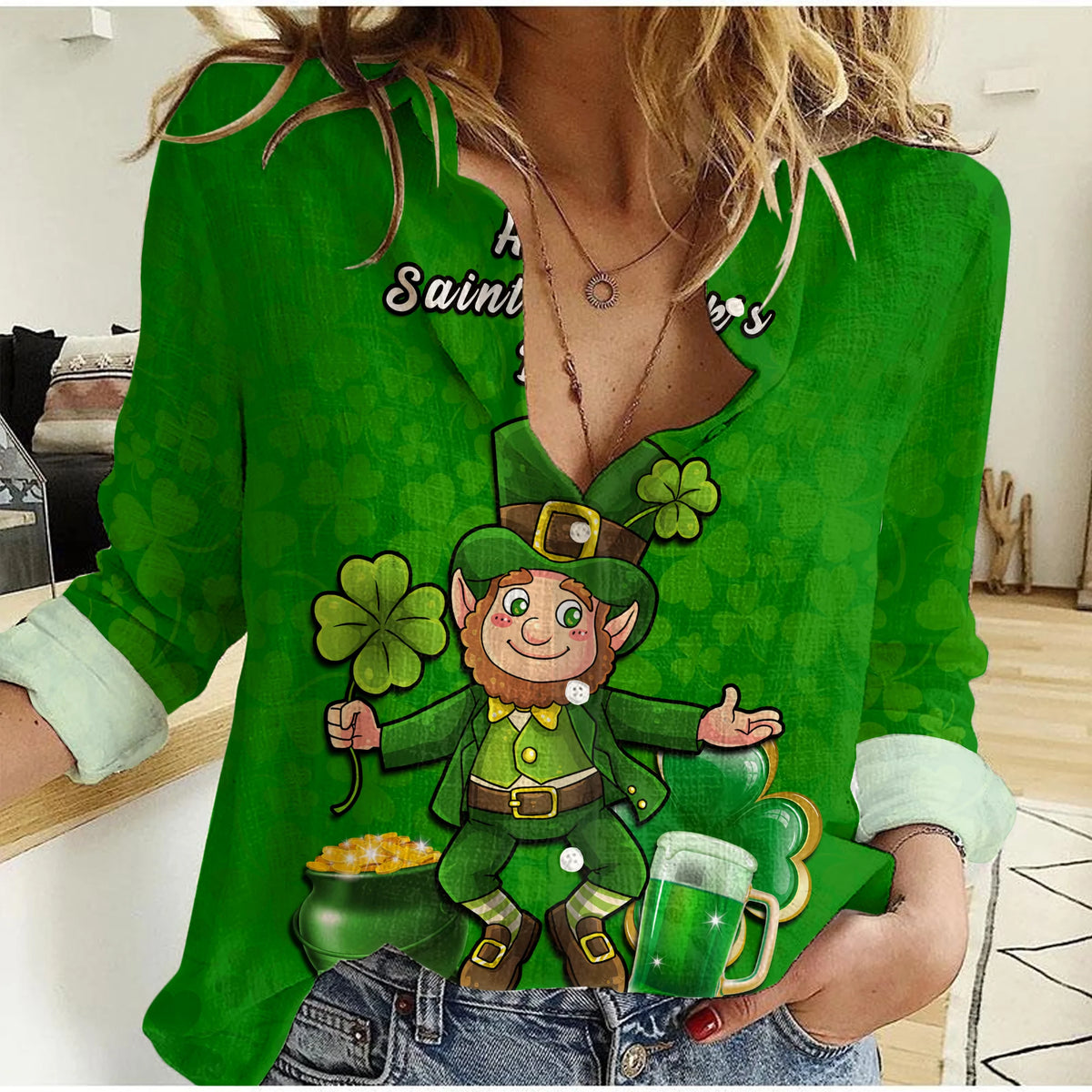 Womens green casual shirt with leprechaun and shamrocks graphic, button-front