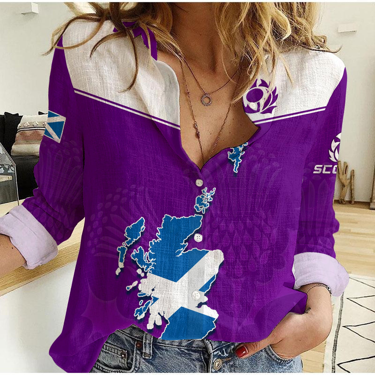 Purple women’s casual shirt with Scottish map print and button front, long sleeves