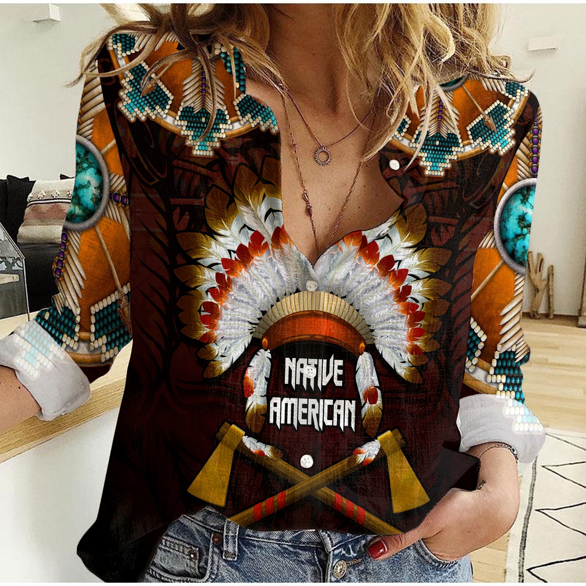 the-first-americans-women-casual-shirt-indian-headdress-with-skull