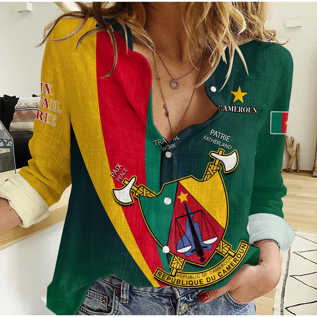 Women’s green button-up shirt dress with Cameroon flag graphic, long sleeves