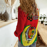 Women’s casual shirt, red back with 63rd Independence Day print and crest