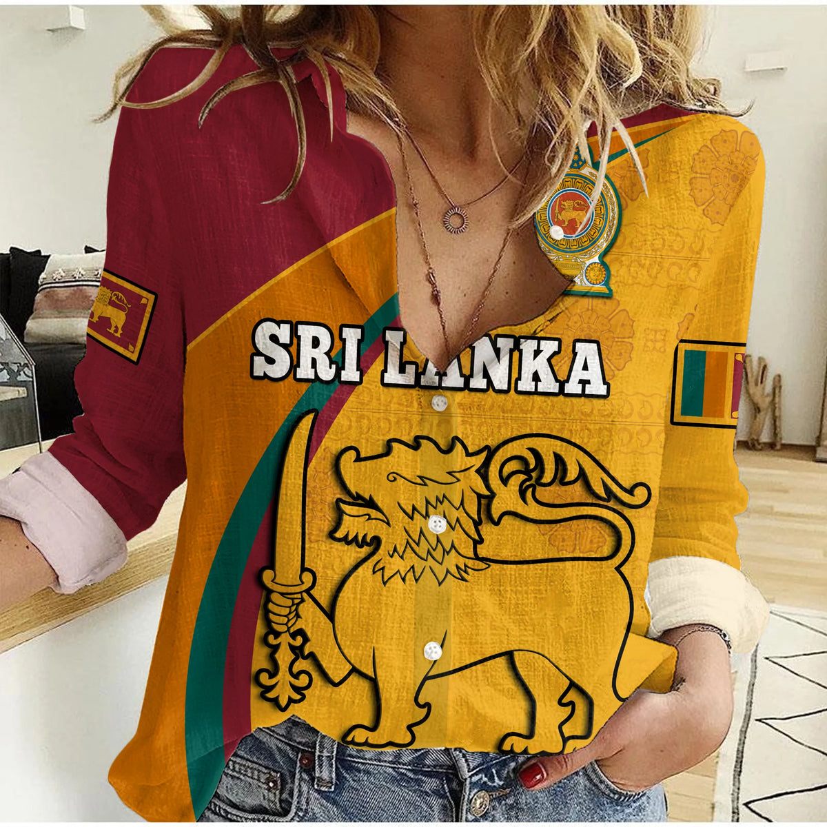 Women's casual shirt with maroon and yellow panels, large Sri Lanka lion graphic.