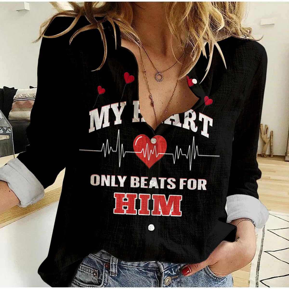 Black women’s casual shirt with heart graphic and ONLY BEATS FOR HIM