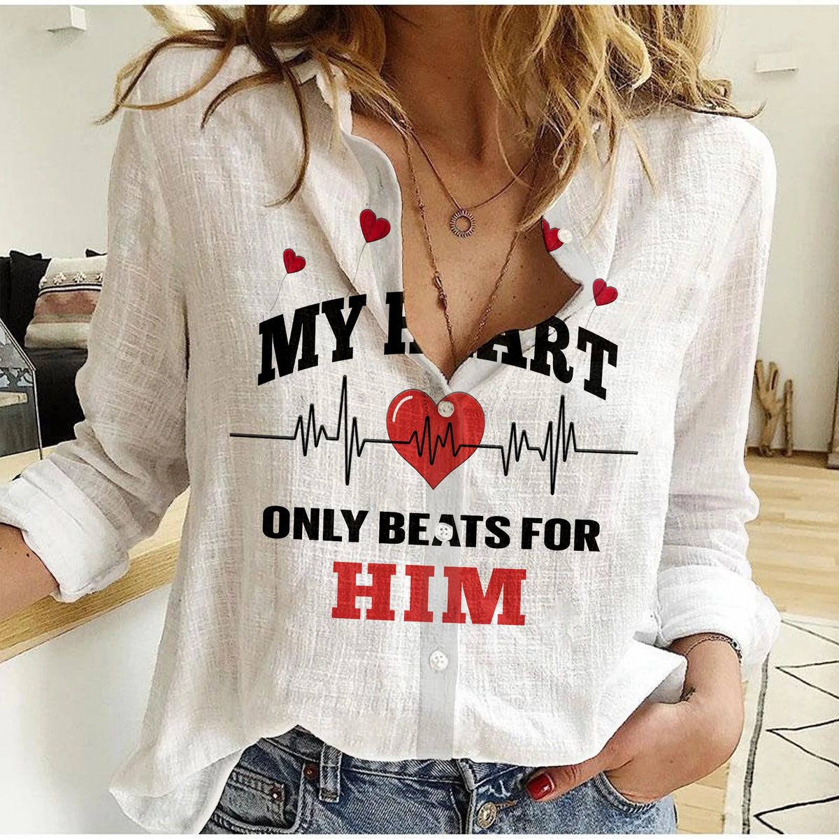 Women’s white casual shirt with V-neck and red heart beat graphic with ‘ONLY BEATS FOR HIM’