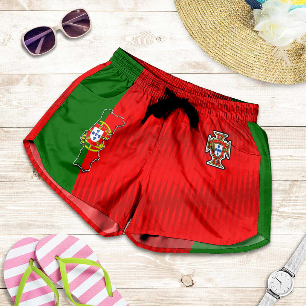 Portugal-style women’s football shorts, red body with green panels and team crests