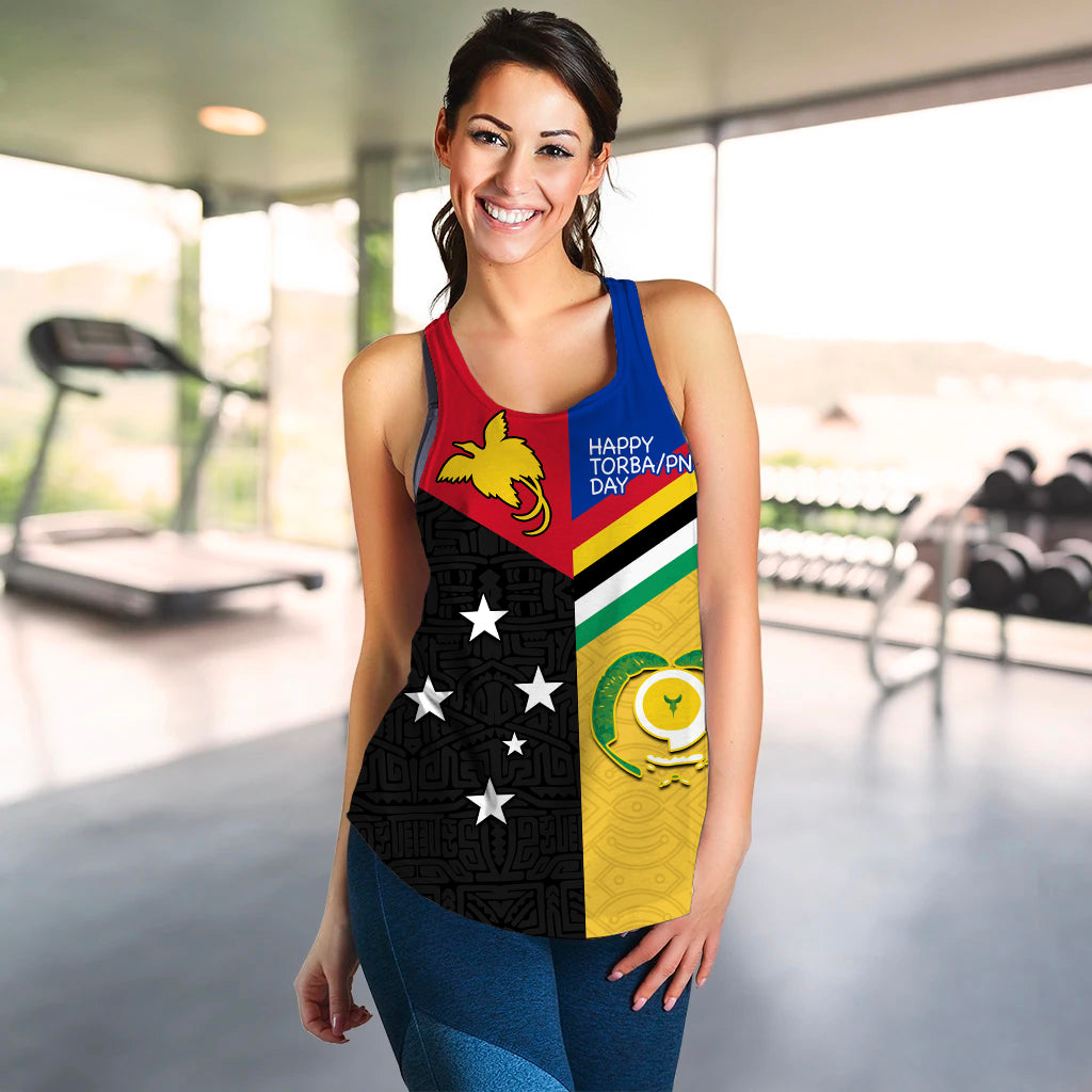 Women's racerback tank top with multicolor front graphic: bird, text, stars, yellow panel