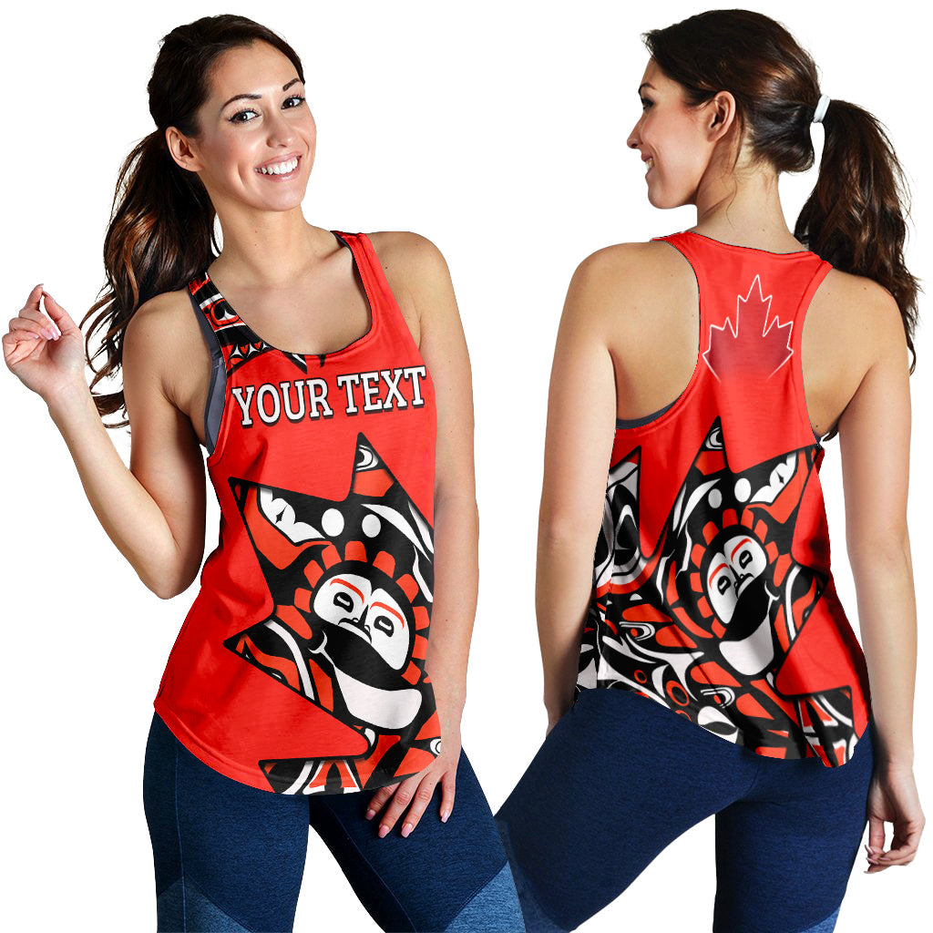 Red racerback tank for women—front personalized text and back maple leaf design