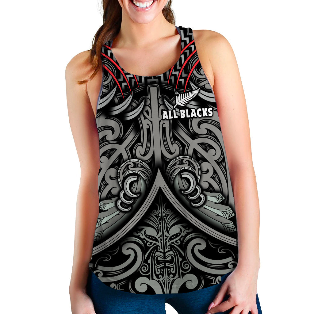 Custom Personalised New Zealand Silver Fern Rugby Women Racerback Tank All Black NZ Maori Pattern LT13 - Wonder Print Shop