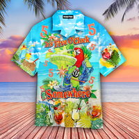 Hawaiian shirt in blue with tropical parrot graphic, button-up collar