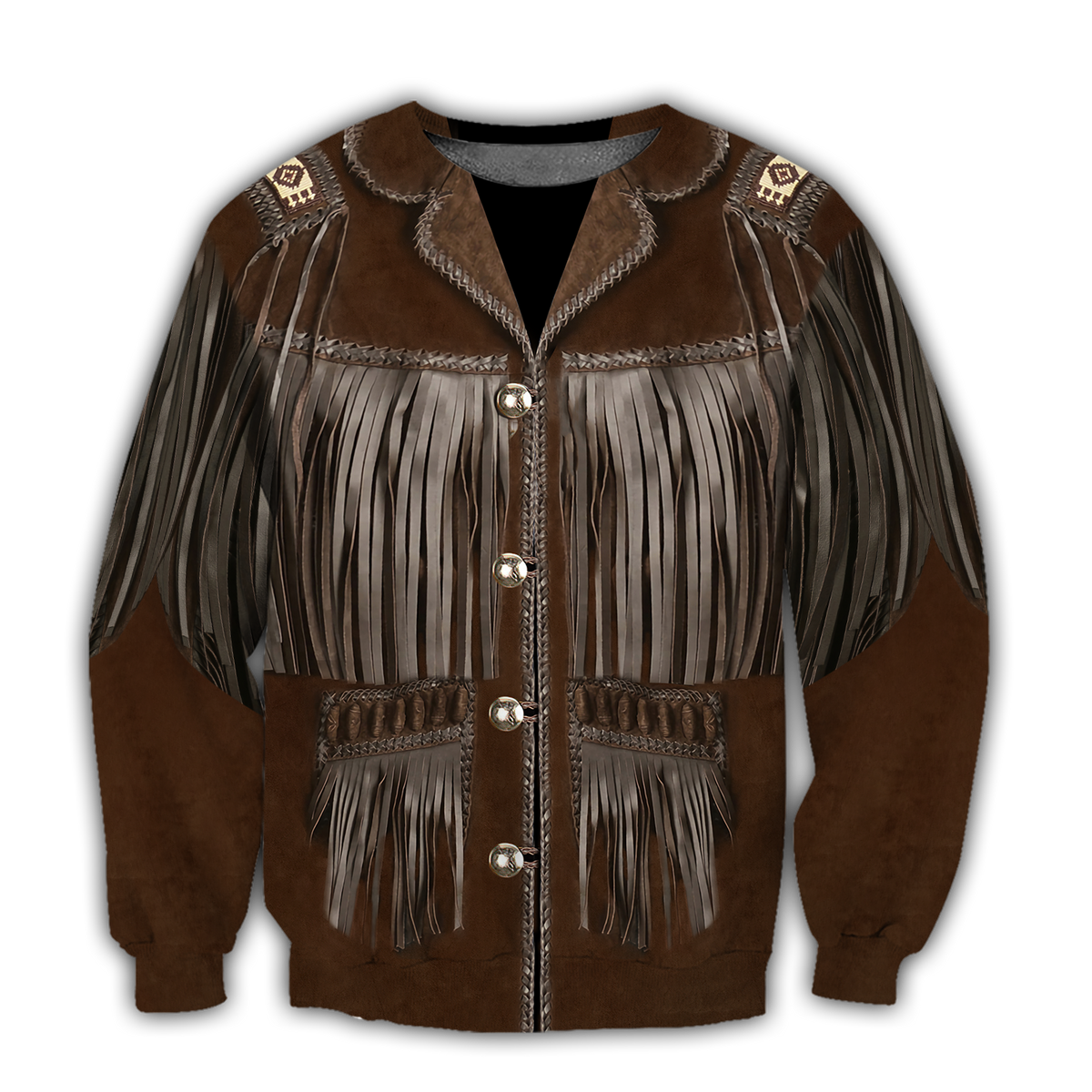 Unisex cowboy jacket sweatshirt, brown suede look with fringe, striped sleeves, snap buttons