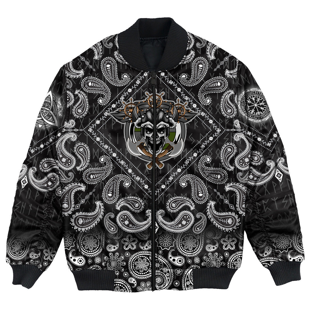 Viking Bomber Jacket Warrior Skull Axes with Bandana Paisley Style RLT12 - Wonder Print Shop