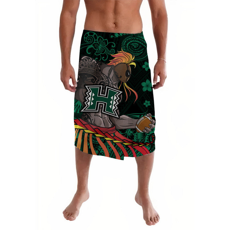 Green Polynesian lavalava with black base, hibiscus and large H logo front