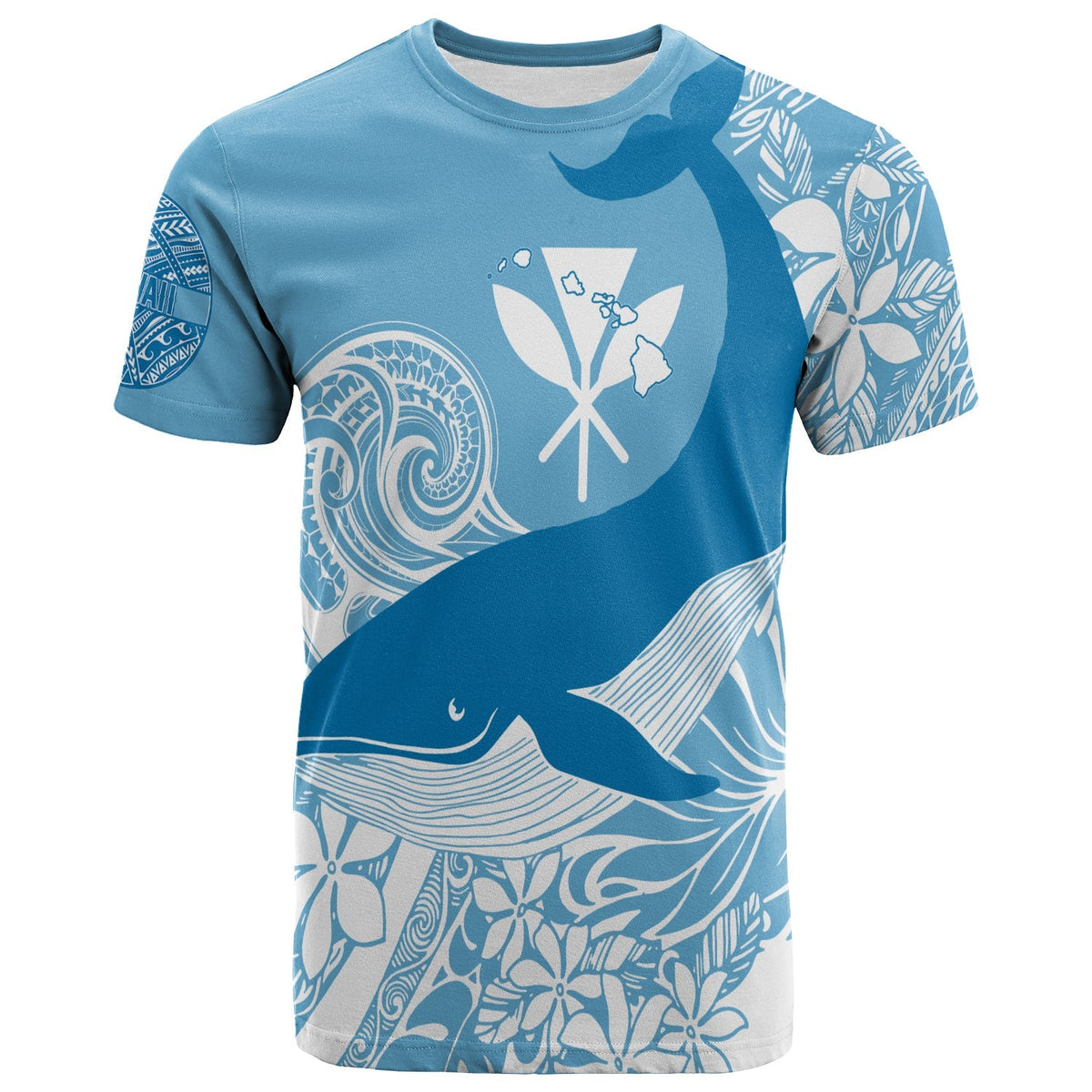 Cerulean T-shirt with humpback whale and Hawaiian tropical print