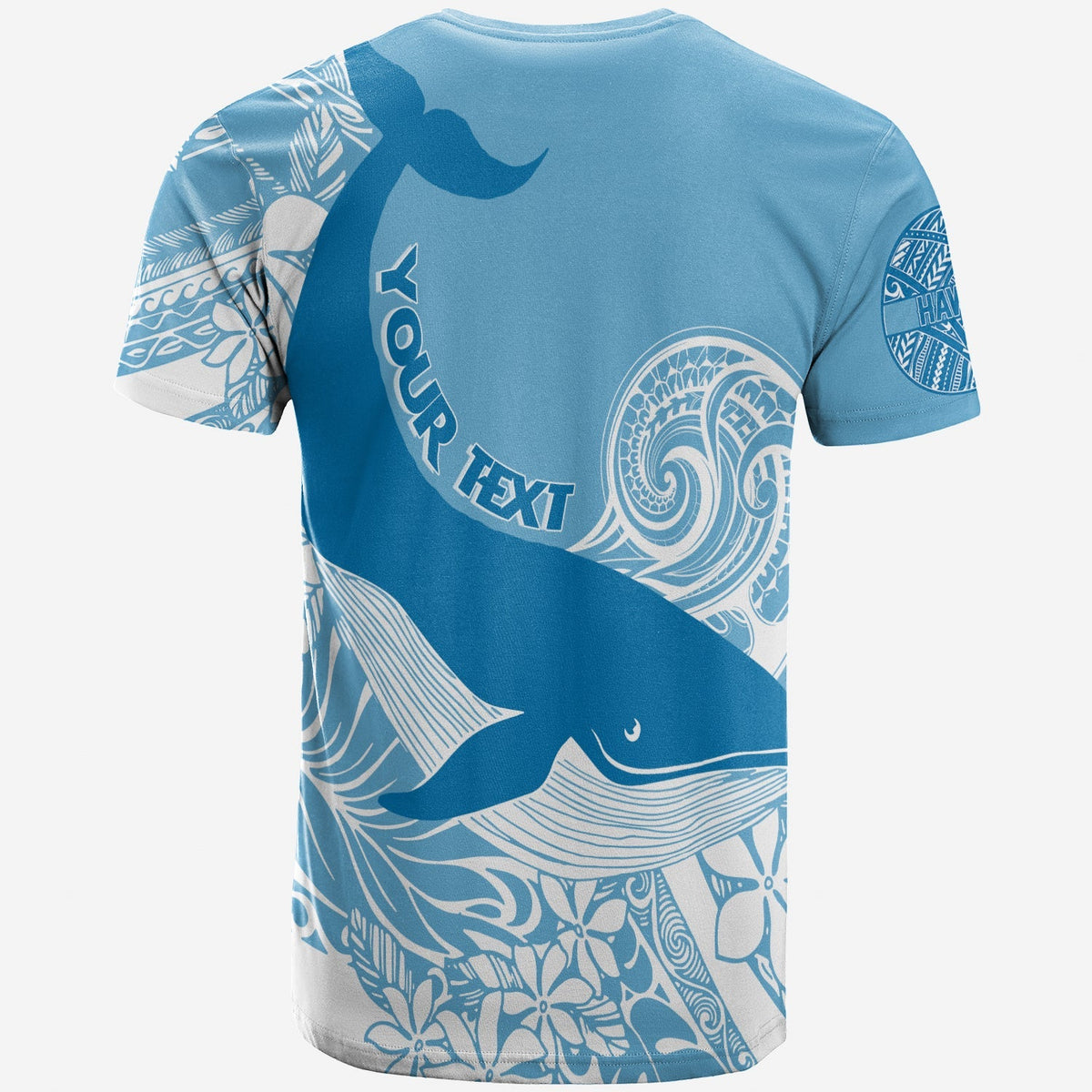 Cerulean back T-shirt with humpback whale art and vertical 'YOUR TEXT' graphic