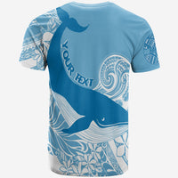 Cerulean back T-shirt with humpback whale art and vertical 'YOUR TEXT' graphic