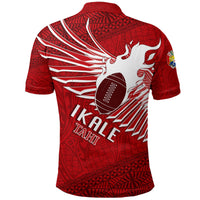 Red rugby polo back with white wing lines, football icon, IKALE TAHI text