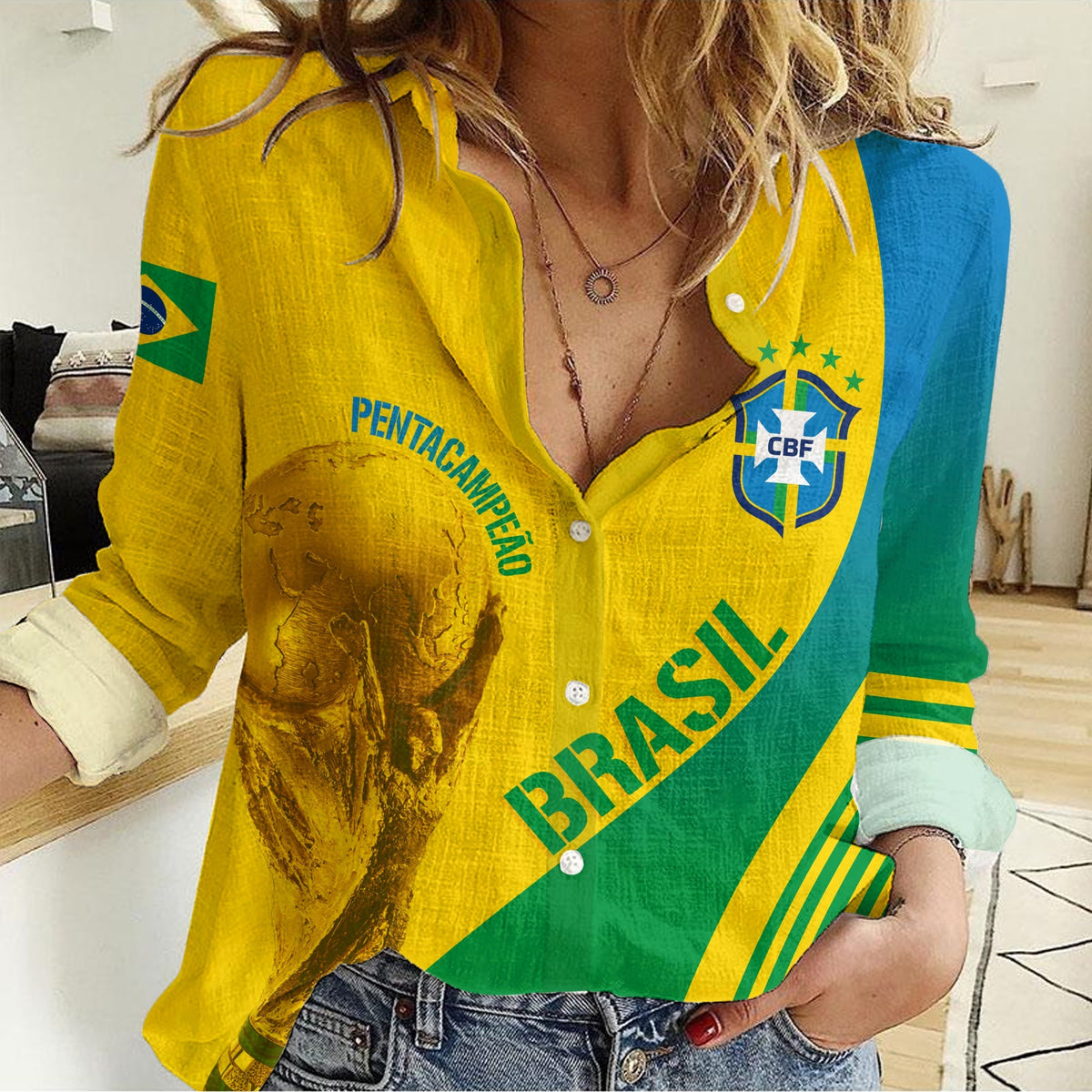 Women Brazil casual shirt: yellow button-up with CBF crest, BRASIL and green stripe accents