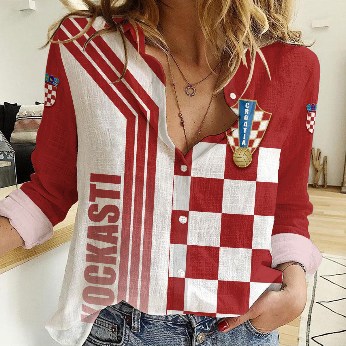 Women’s casual shirt with red and white checkered front panel and buttons