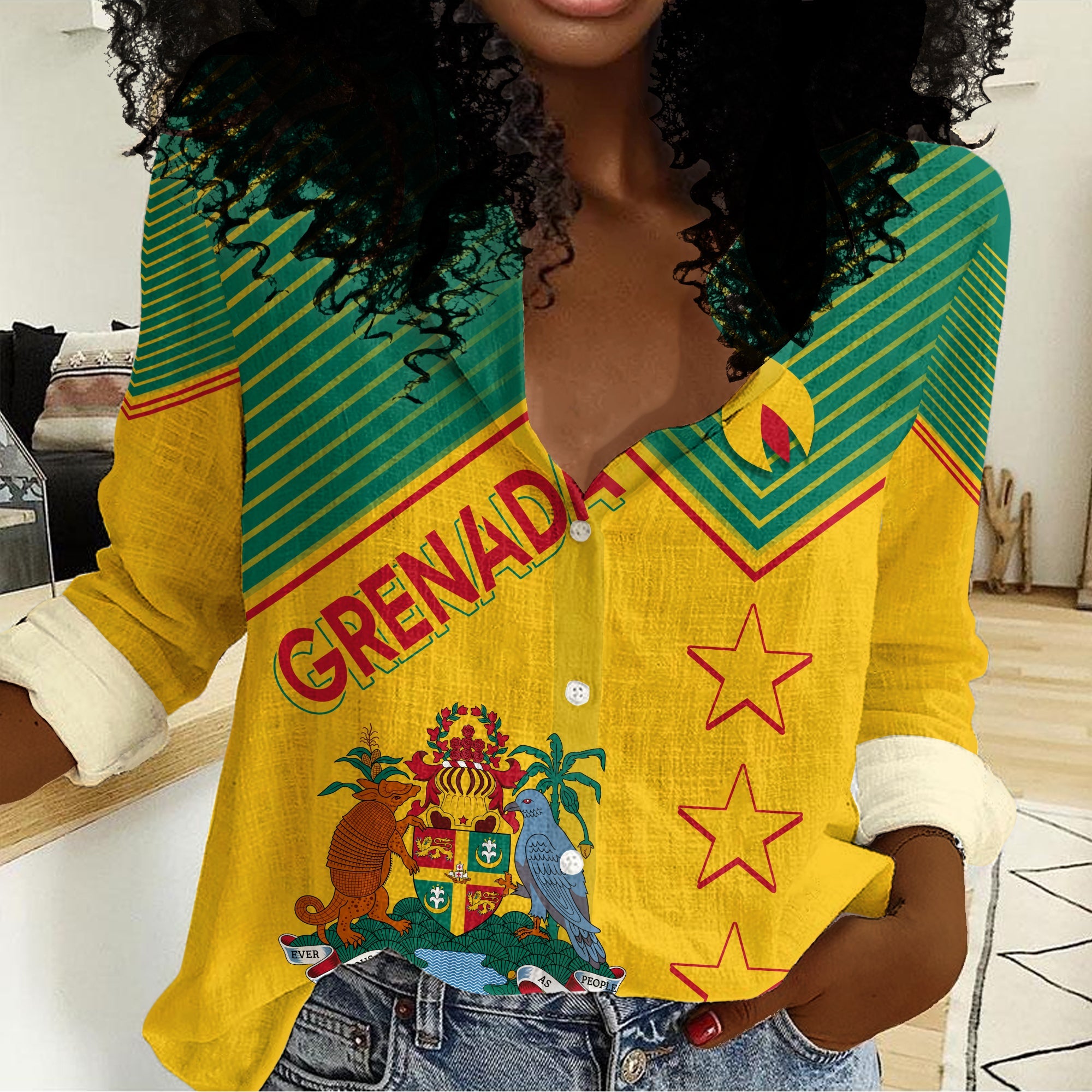 grenada-independence-day-women-casual-shirt-geometric-style