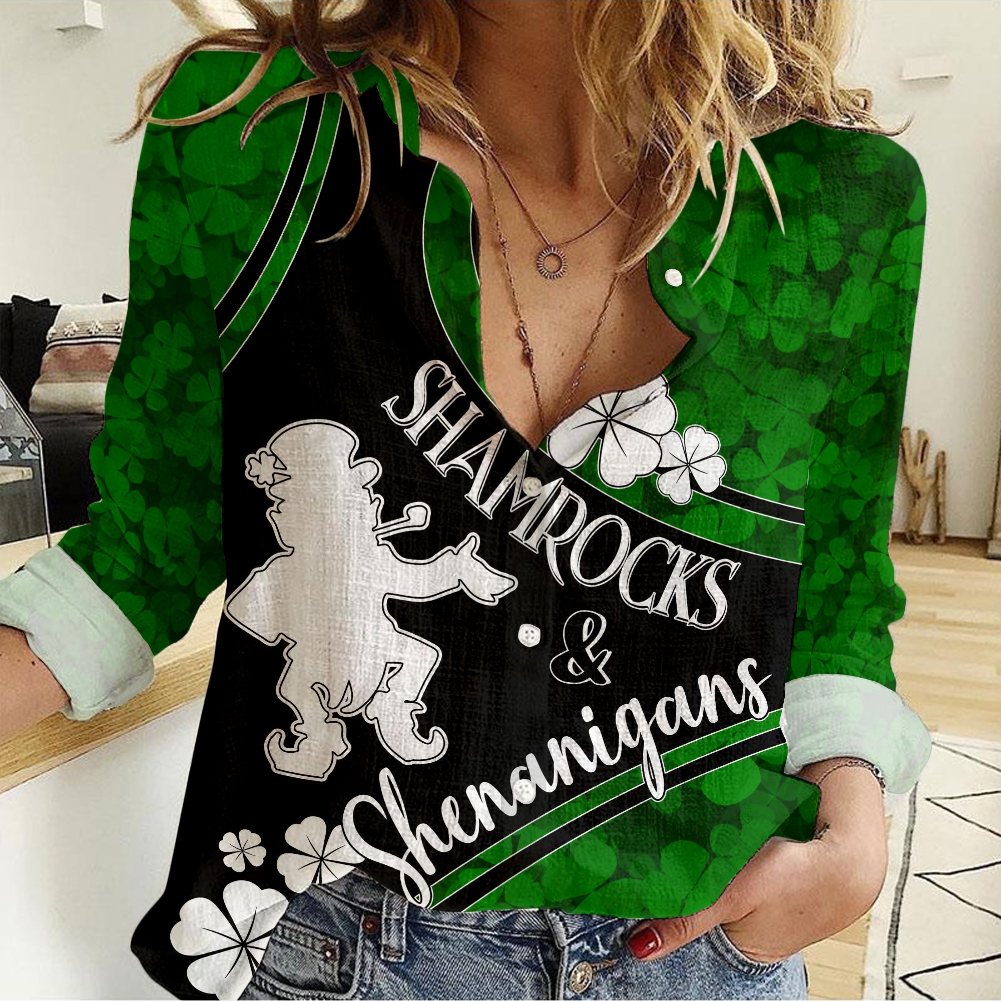 Saint Patrick Day Women Casual Shirt Shamrocks And Shenanigans - Black Style - Wonder Print Shop