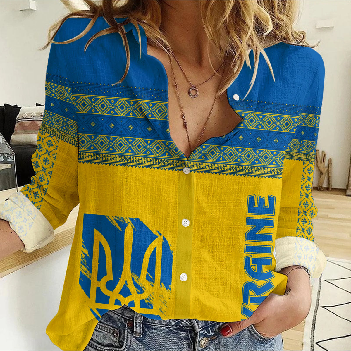 Yellow women’s casual shirt with blue folk stripe, V-neck and button placket