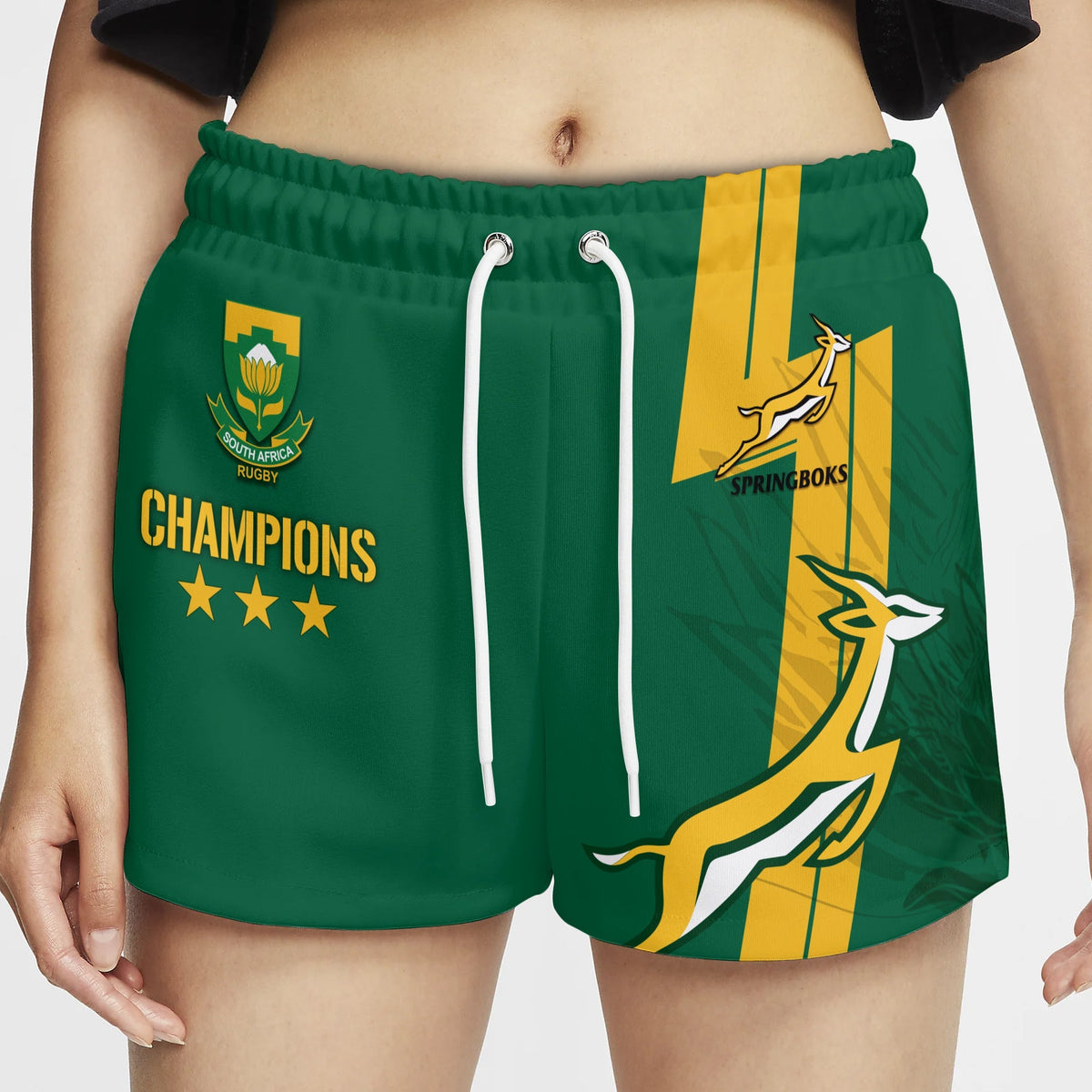 Green rugby shorts with drawstring, Champions text, Springboks logo, yellow stripe