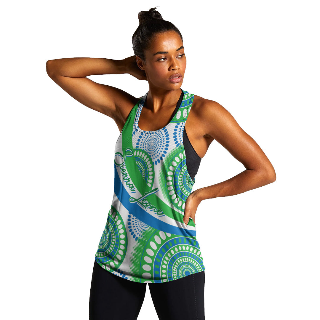 Womens racerback tank front view, green and blue circular Ankara print with black edges