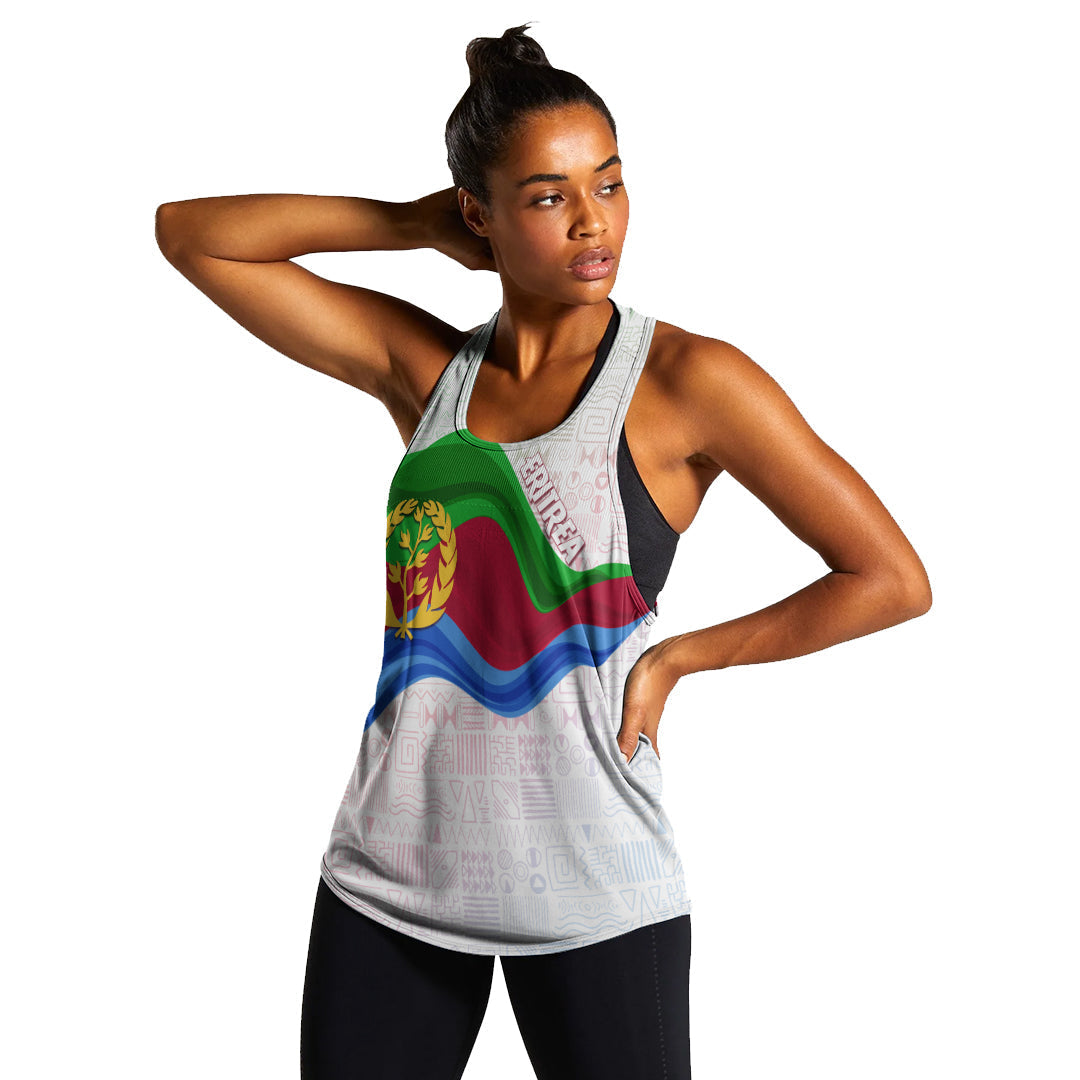 Women’s white racerback tank, sleeveless; green blue red flag-style band with emblem