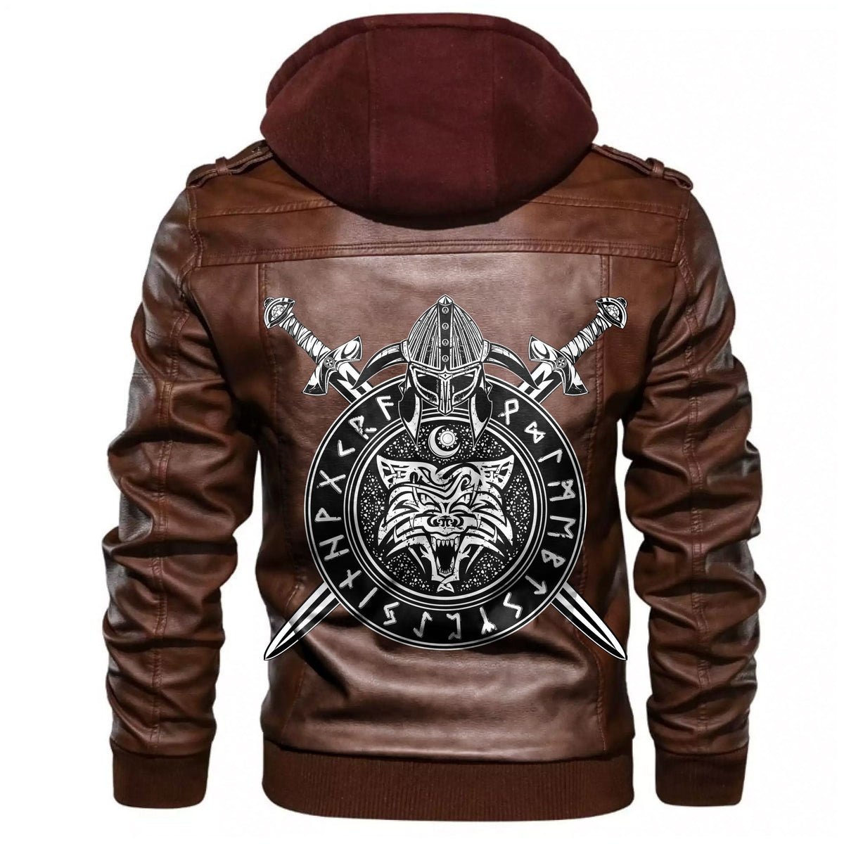 Brown leather jacket with maroon hood and large Viking wolf emblem graphic on back
