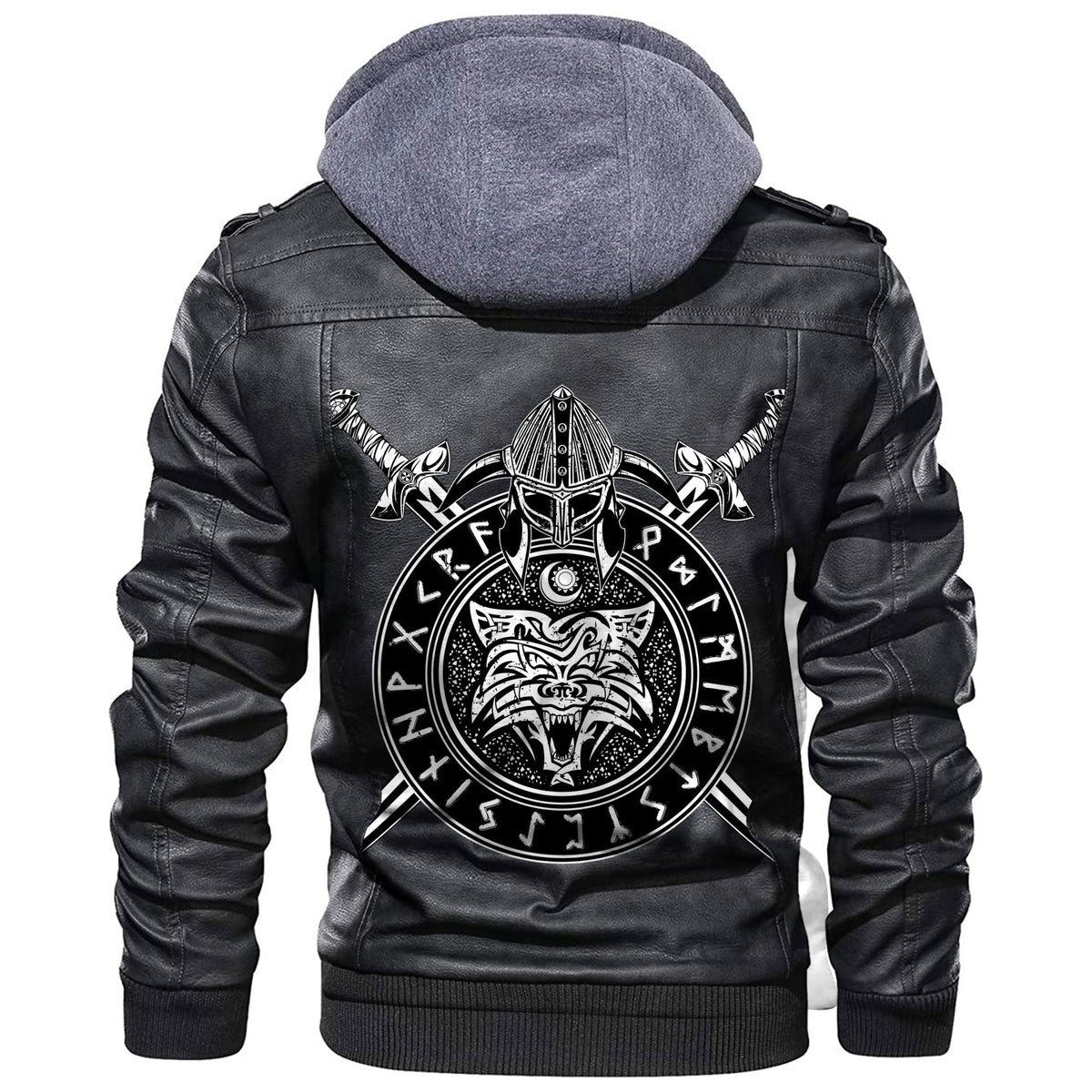 Black leather jacket with gray hood, front zipper and Viking wolf back graphic