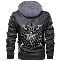 Black leather jacket with gray hood, front zipper and Viking wolf back graphic