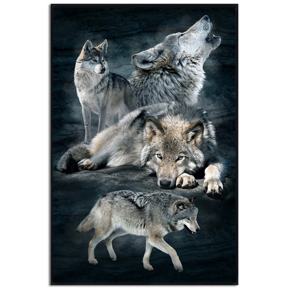 Wolf pack poster with gray and tan wolves, framed vertical artwork