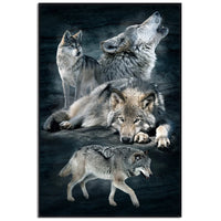 Wolf pack poster with gray and tan wolves, framed vertical artwork
