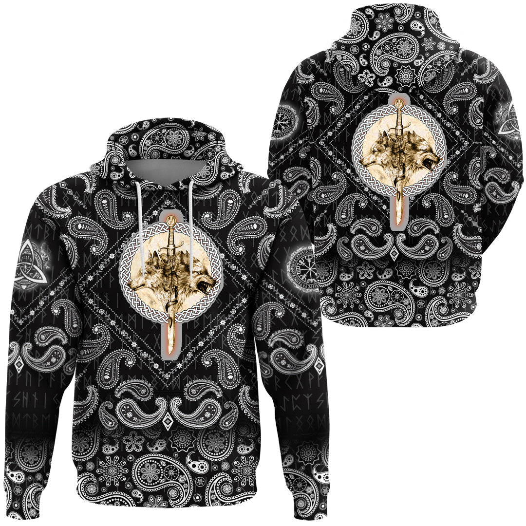 Viking Hoodie Wolfs and Sword with Bandana Paisley Style RLT12 - Wonder Print Shop