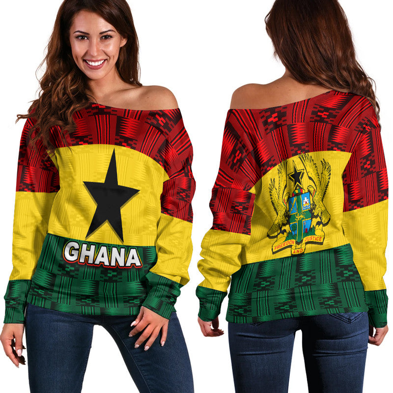 Ghana Flag Mix Patterns Women Off Shoulder Sweater LT6 - Wonder Print Shop