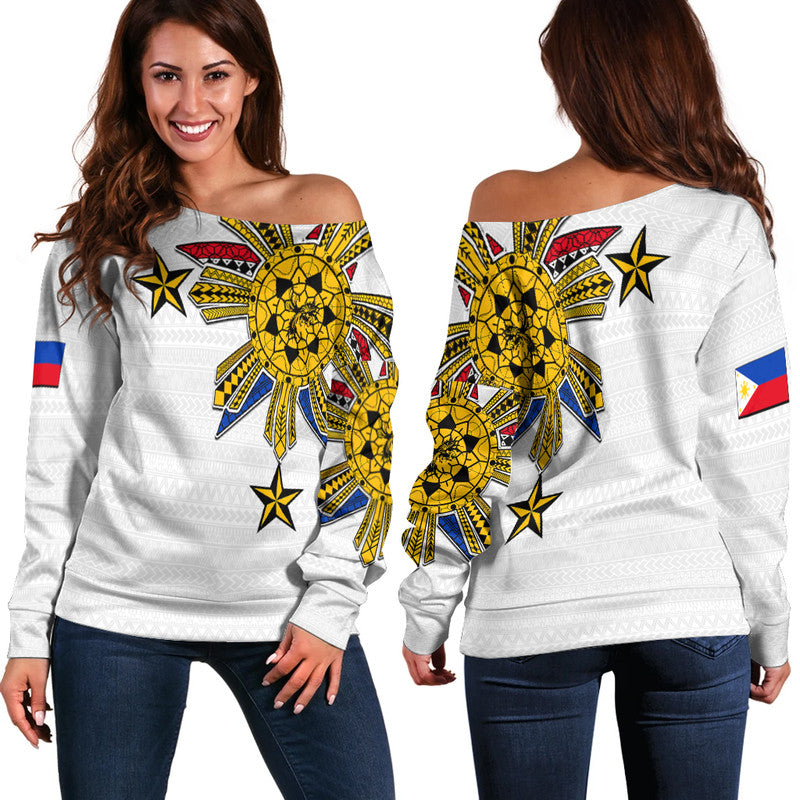 Women’s off-shoulder sweater, front and back view with yellow tribal sun print