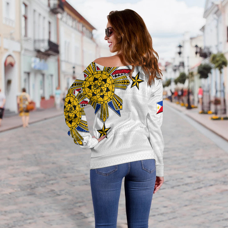 Women’s off-shoulder sweater, white with large yellow tribal sun and stars on back
