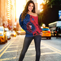Off-shoulder sweater with red and dark-blue tribal pattern and long sleeves